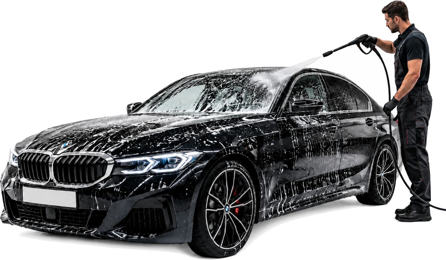 Locke's pressure washing a black BMW saloon